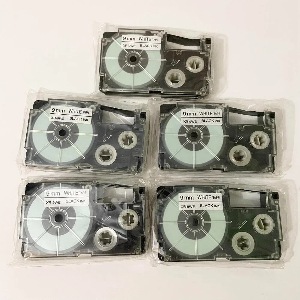 9mm Black Ink White Tape Casio XR-9WE Label Tape Lot of 5